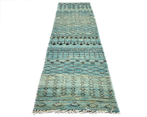 10 Feet Moroccan Blue Hand Woven Wool Runner Rug